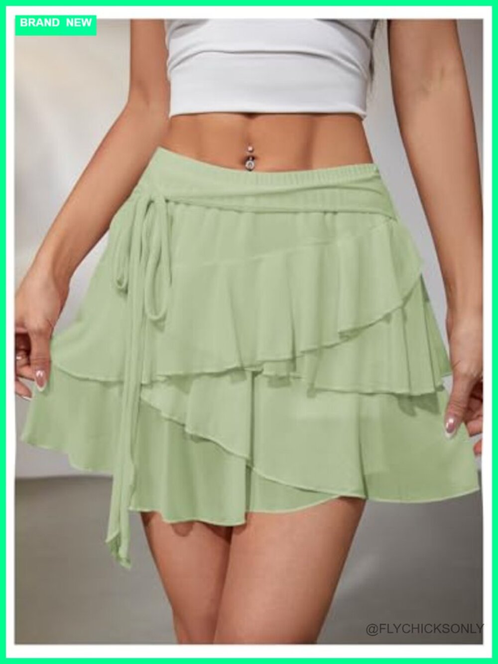 Mesh Ruffle Layered Mini Skirt Low Rise Tie Side - Picture 2 of 4